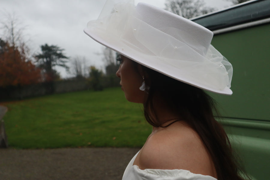 Pearl Tulle Boater Hat