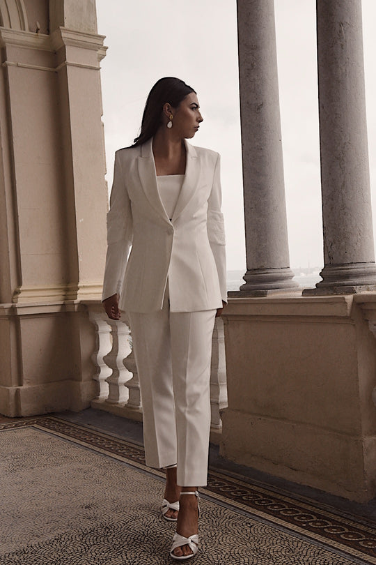 Ivory Crepe Bridal Slim Trousers paired with matching blazer. Bridal suit